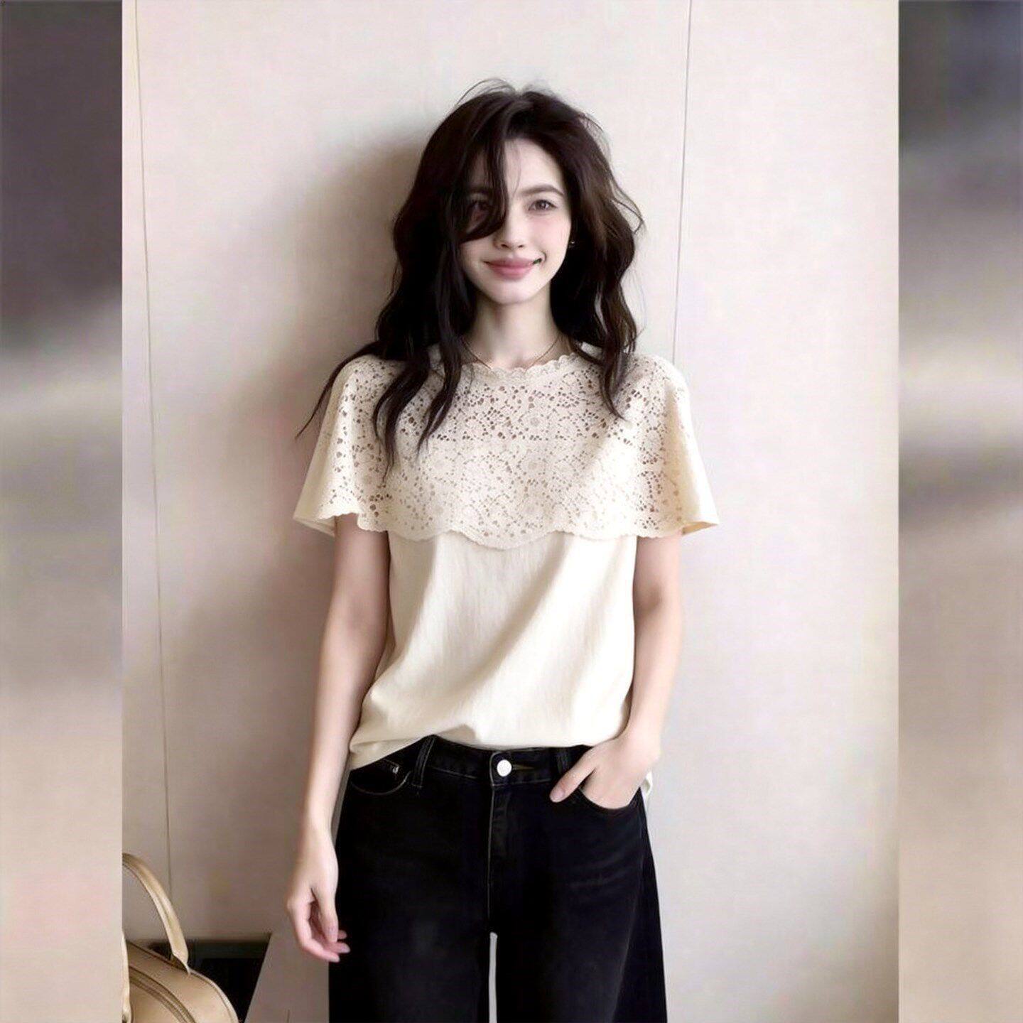 Áo thun ren ngắn tay kiểu Pháp cho nữ thiết kế độc đáo tinh tế — màu trắng chi tiết 8