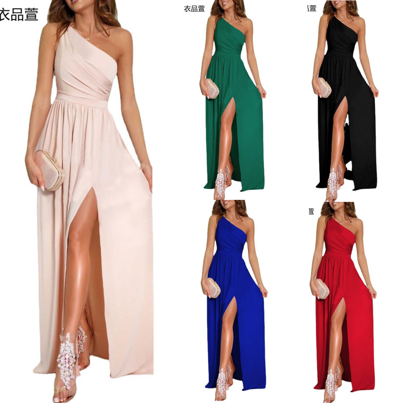 2022 European and American Cross-border New Sexy Solid Color Single Shoulder Hollow Neck High Waist Split Super Long Dress Women's Clothing