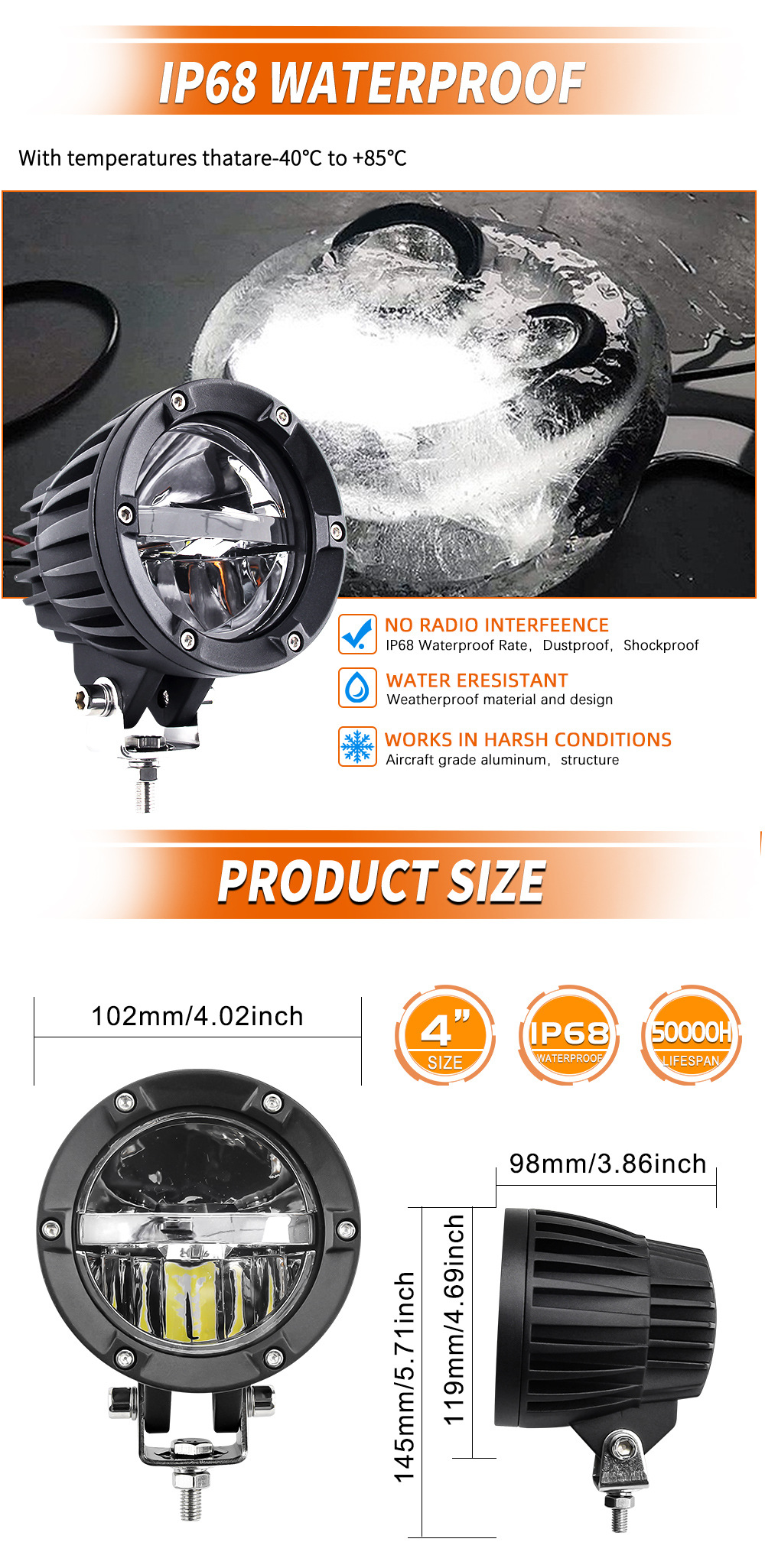 Motorcycle Electric Car Tank 300 Front Bumper 4inch Yellow and White Two-color 50Wled Modified Car Headlight Fog Light
