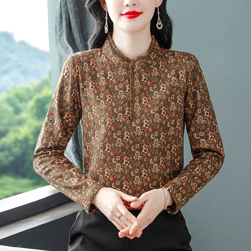 现货秋冬新款女装小立领加厚长袖T恤碎花显瘦打底衫妈妈装上衣|undefined