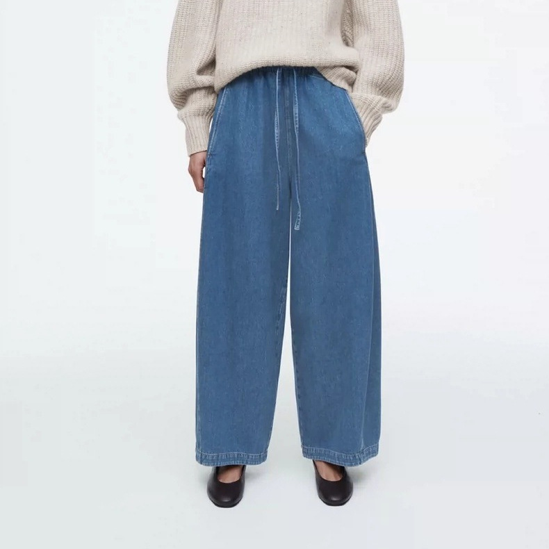 Cos Style Women's Clothing 2026 Spring New Casual Style Barrel-Shaped Drawstring Waist Jeans Blue Long Pants for Women