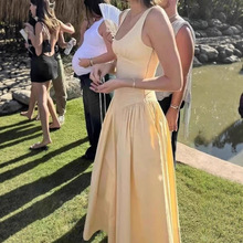 外贸明星同款法式高级感赫本风收腰黄色连衣蓬蓬裙无袖礼服裙