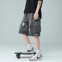 夏季破洞牛仔短裤男韩版港风青少年潮流宽松直筒大裤衩工装五分裤