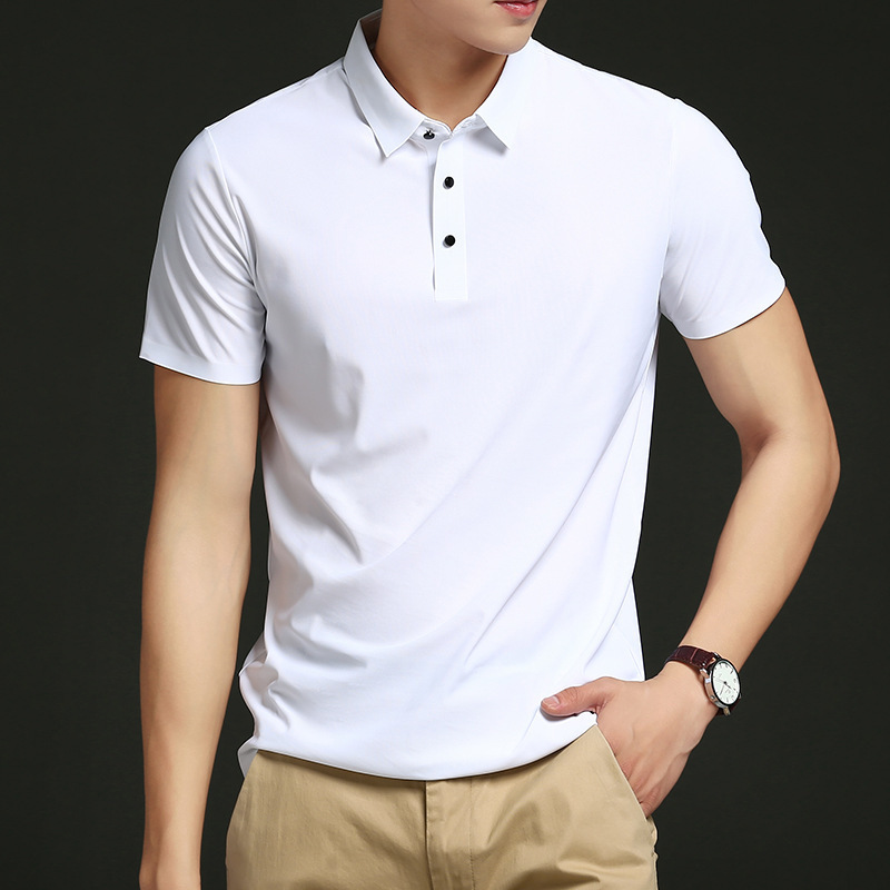 2026 Summer New Style Ice Silk Short-Sleeved Polo Shirt for Men, Nylon Seamless Elastic Pure Color Thin Collared T-Shirt for Men