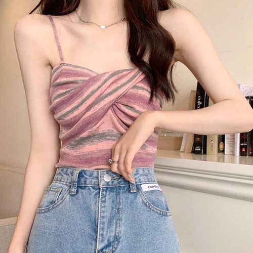 Colorblock striped design small suspender outer vest women's spring short sexy bottoming sweet spicy inner top trendy