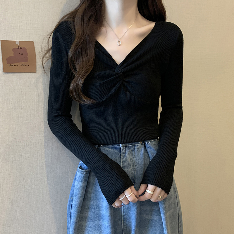 (2개) 플러스 사이즈 통통녀 크로스 V-넥베이스 스웨터 여성 가을 및 겨울 한국 스타일 슬림핏 슬리밍 벨리 커버 긴팔 스웨터 탑
