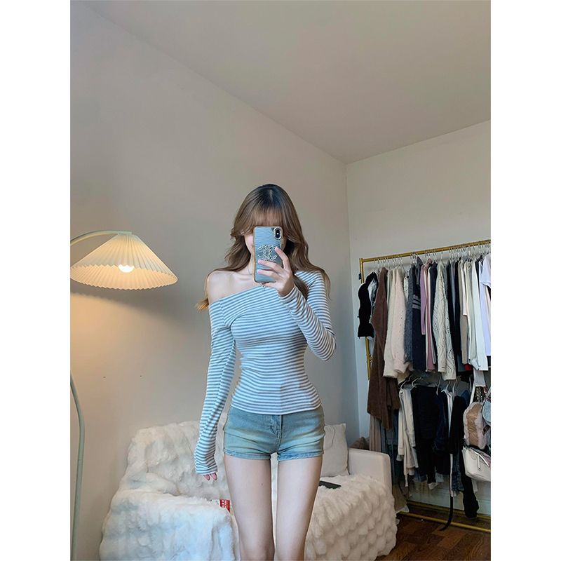 纯欲显瘦撞色辣妹条纹秋季长袖T恤女一字肩修身上衣秋冬法式露肩|undefined