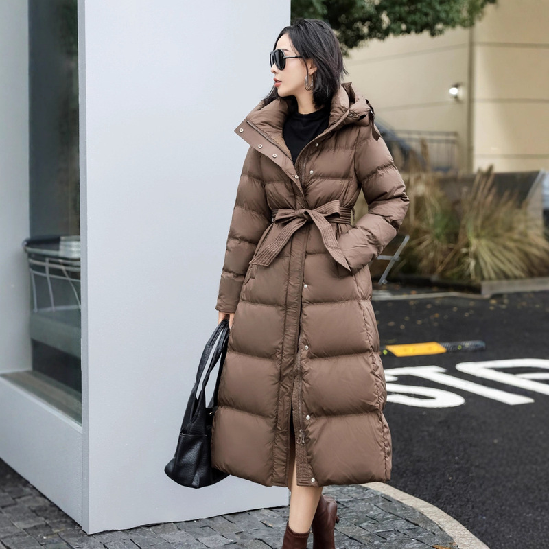 Long down Jacket Slim Fit 2025 Thickeneded White Duck down Winter New Style Over-The-Knee Waist Hooded Warm Slimming Look Jacket