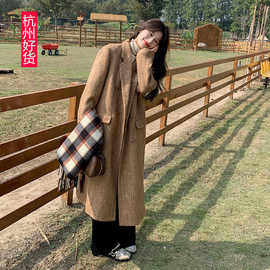 卡其色西装毛呢外套女2025秋冬新款时尚小个子加厚中长款呢子大衣