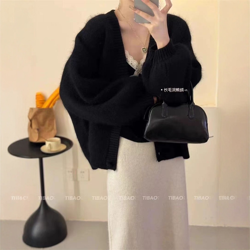 韩系慵懒风浣熊绒开衫毛衣外套女秋冬新款软糯加厚灯笼袖针织上衣|undefined