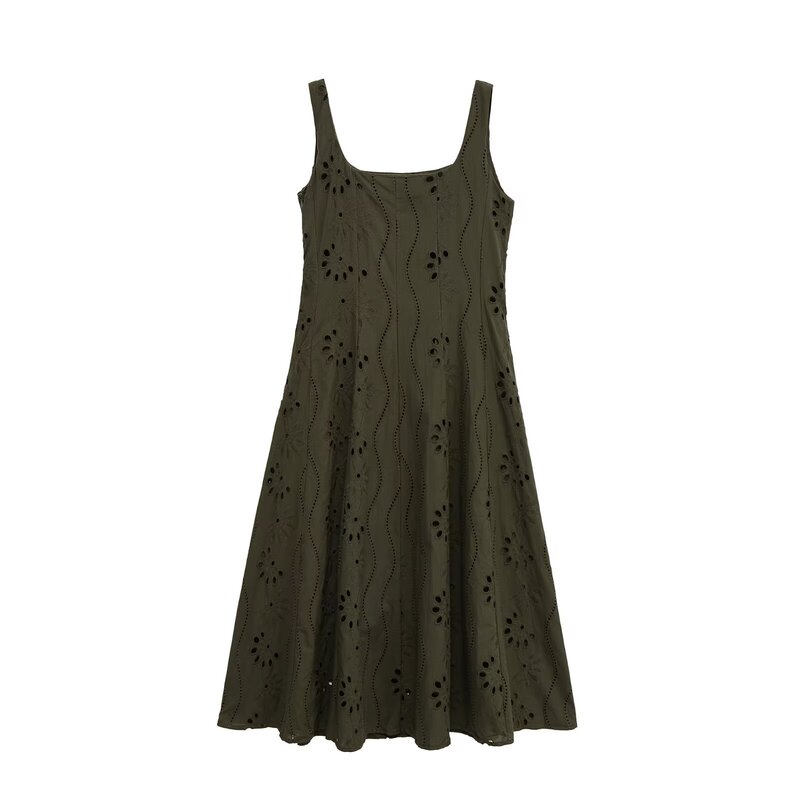 Pb&Za Women's 2025 Summer New Round Neck Wide Shoulder Strap Wide Embroidered Midi Dress 3269836