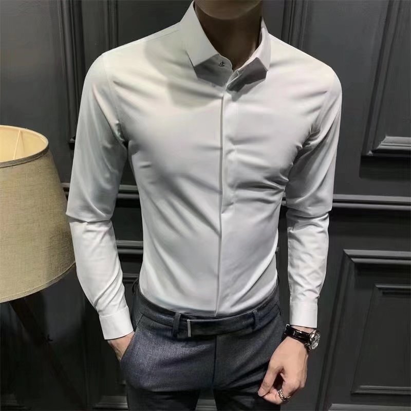 New Style Men's High-End Long-Sleeve Korean-Style Business Shirt with Hidden Buttons, Trendy Casual Slim-Fit Premium Formal Wear, Non-Iron