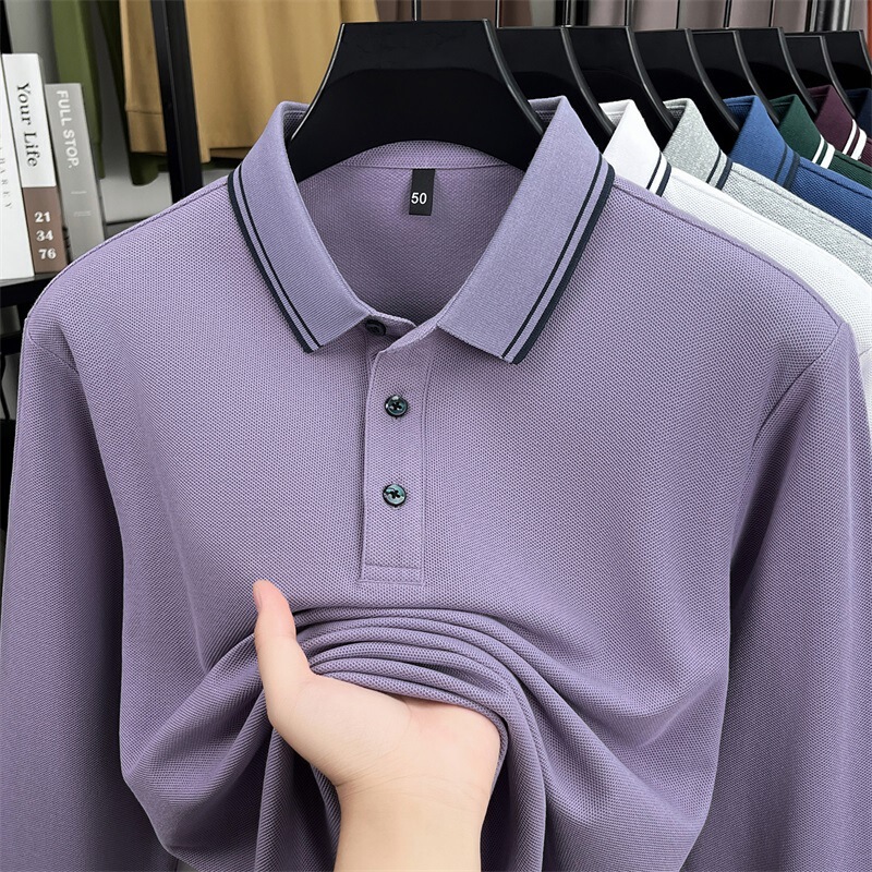 Spring and Autumn New Style Men's Pure Cotton Long-Sleeved T-Shirt with Lapel, Solid Color, Middle-Aged Business Casual, Sweat-Absorbent and Breathable Men's Polo Spring and Autumn New Style Men's Pure Cotton Long-Sleeved T-Shirt with Lapel, Solid Color, Middle-Aged Business Casual, Sweat-Absorbent and Breathable Men's Polo
