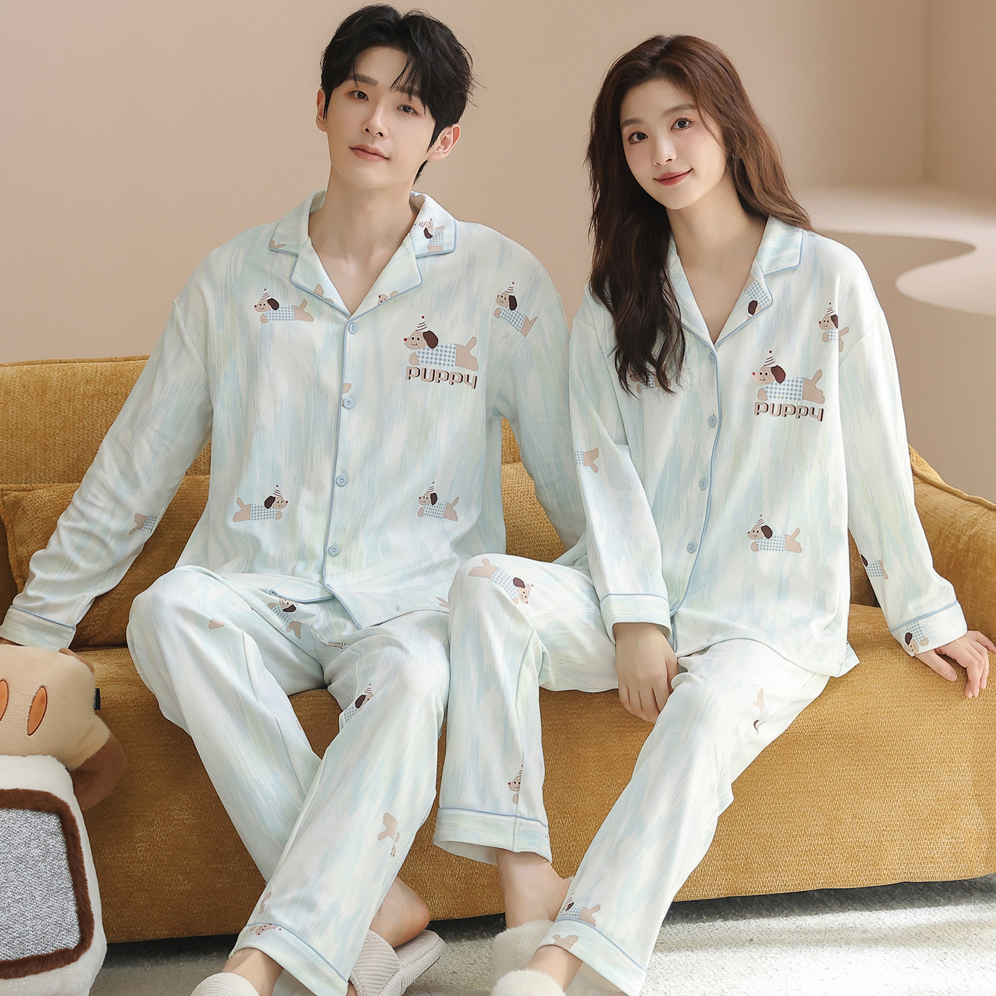 (Price Controlled at 79.9 Yuan) Autumn New Pure Cotton Lapel Cardigan Double Long Pajamas for Men and Women Couple Home Wear Set