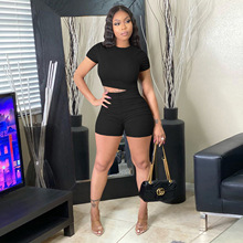 4697 欧美女装 袖子缩褶、裤子缩褶 坑条高弹螺纹短袖短裤套装