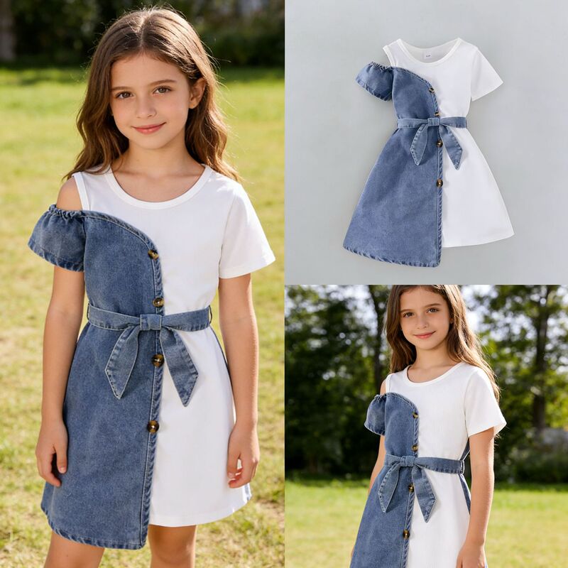 Cross-Border 26 Summer European and American Style Patchwork Denim Short-Sleeve Irregular Drop-Shoulder Dress + Belt Two-Piece Children's Clothing Set Cross-Border 26 Summer European and American Style Patchwork Denim Short-Sleeve Irregular Drop-Shoulder Dress + Belt Two-Piece Children's Clothing Set