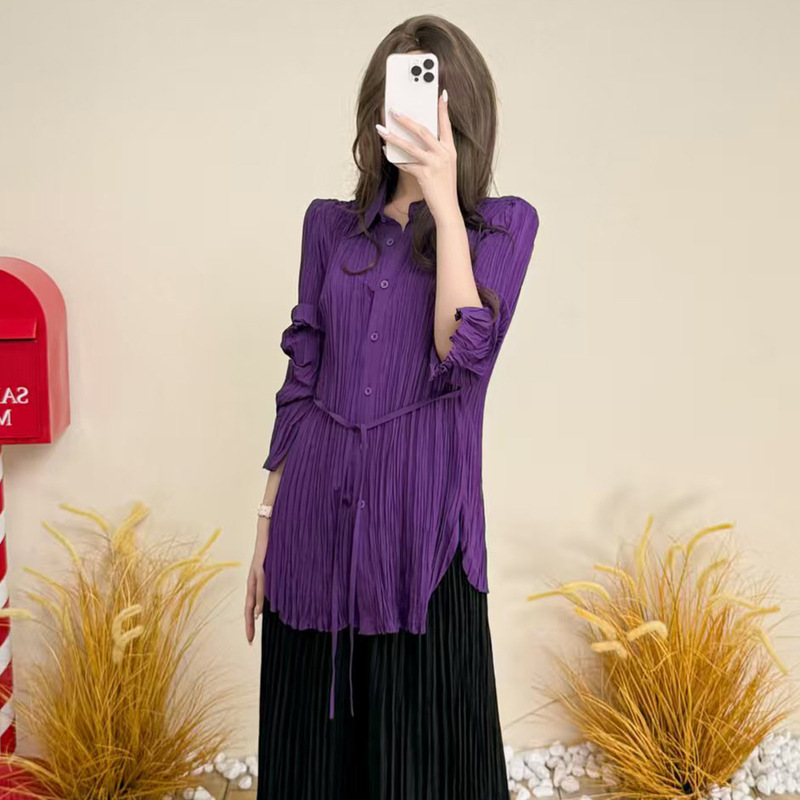 High-End Lace-Up Pleated Top Spring & Fall New Pleated Polo Collar Elegant Slim and Versatile Long-Sleeved Shirt for Women