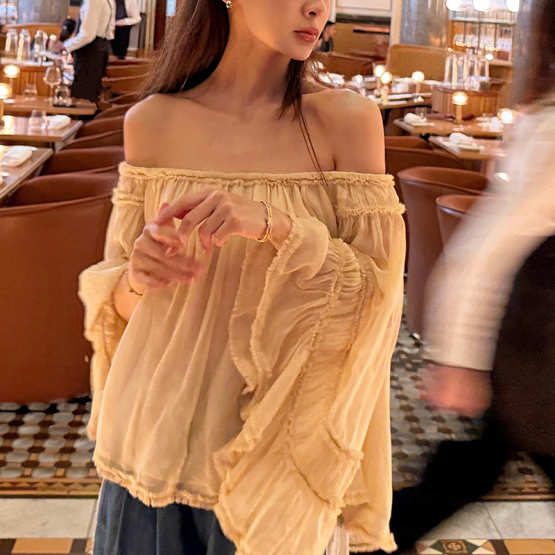 Atmospheric One-Shoulder Tube Top Shirt, Gentle and Relaxed Style, Long-Sleeved Birthday Photo Shoot Dress, Holiday Top Atmospheric One-Shoulder Tube Top Shirt, Gentle and Relaxed Style, Long-Sleeved Birthday Photo Shoot Dress, Holiday Top