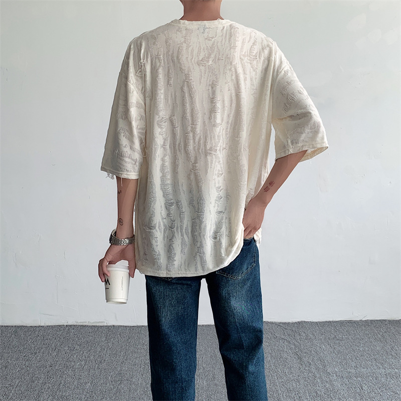 Camiseta de manga corta rasgada superior de verano de los hombres marca de moda coreana ins casual todo partido de seda de hielo cuello redondo Camiseta de media manga