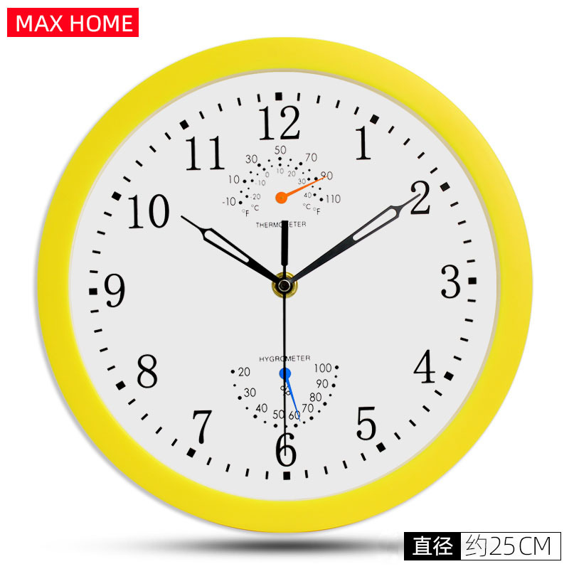 Amazon suministro de plástico Reloj de pared con higrómetro simple moderno dormitorio mudo Reloj de pared reloj