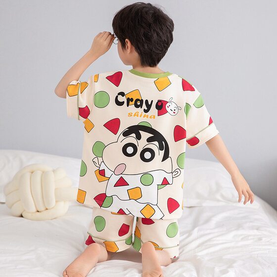 Children's Pajamas for Boys Summer Thin Pure Cotton Short-sleeved Crayons Small New Boys Cute Medium and Large Children's Air-conditioning Clothes suit