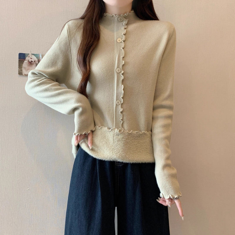 Half-high Neck Thickened fleece-lined Sweater Women's Autumn and Winter Knitted Base Shirt with Foreign-style Wood-ear One-piece Fleece Top for Spring Half-high Neck Thickened fleece-lined Sweater Women's Autumn and Winter Knitted Base Shirt with Foreign-style Wood-ear One-piece Fleece Top for Spring