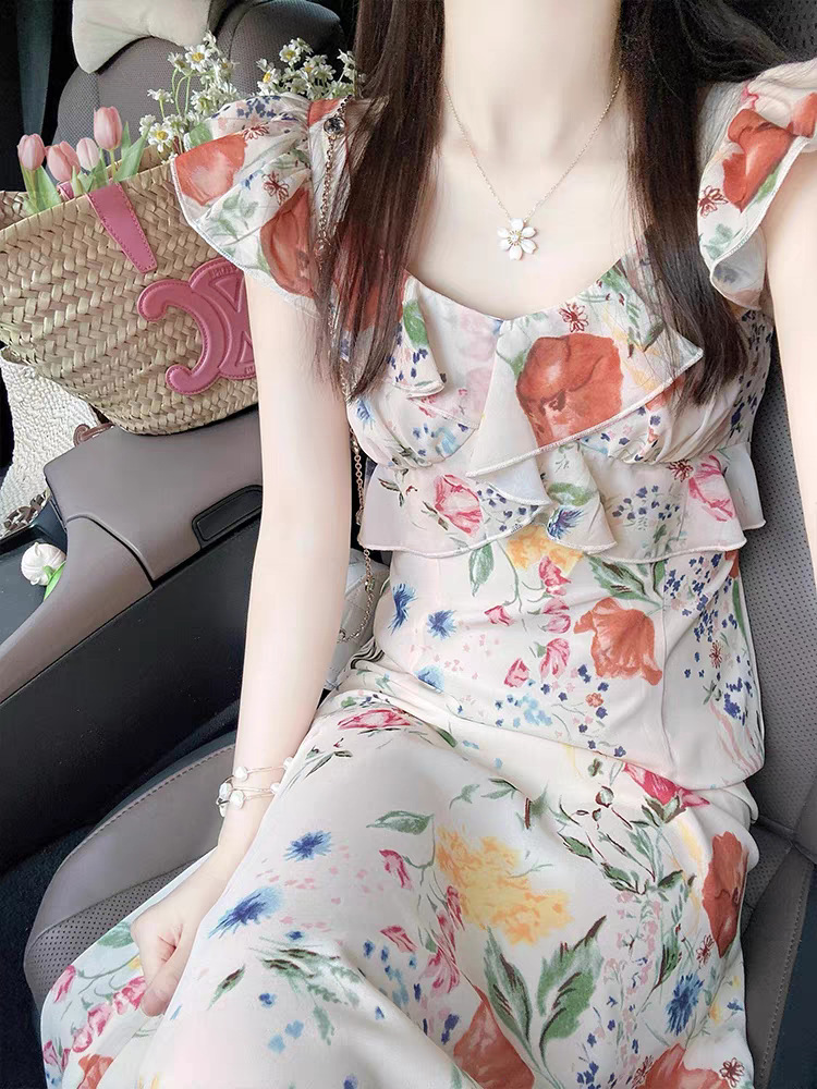 Đầm maxi nữ dây đeo họa tiết hoa cổ điển Pháp, eo thon dáng dài — màu chi tiết 2