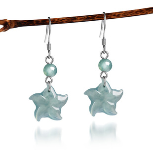 Natural A goods jade blue water starfish earrings S925 silver set ice jade earrings antique earrings women's earrings
