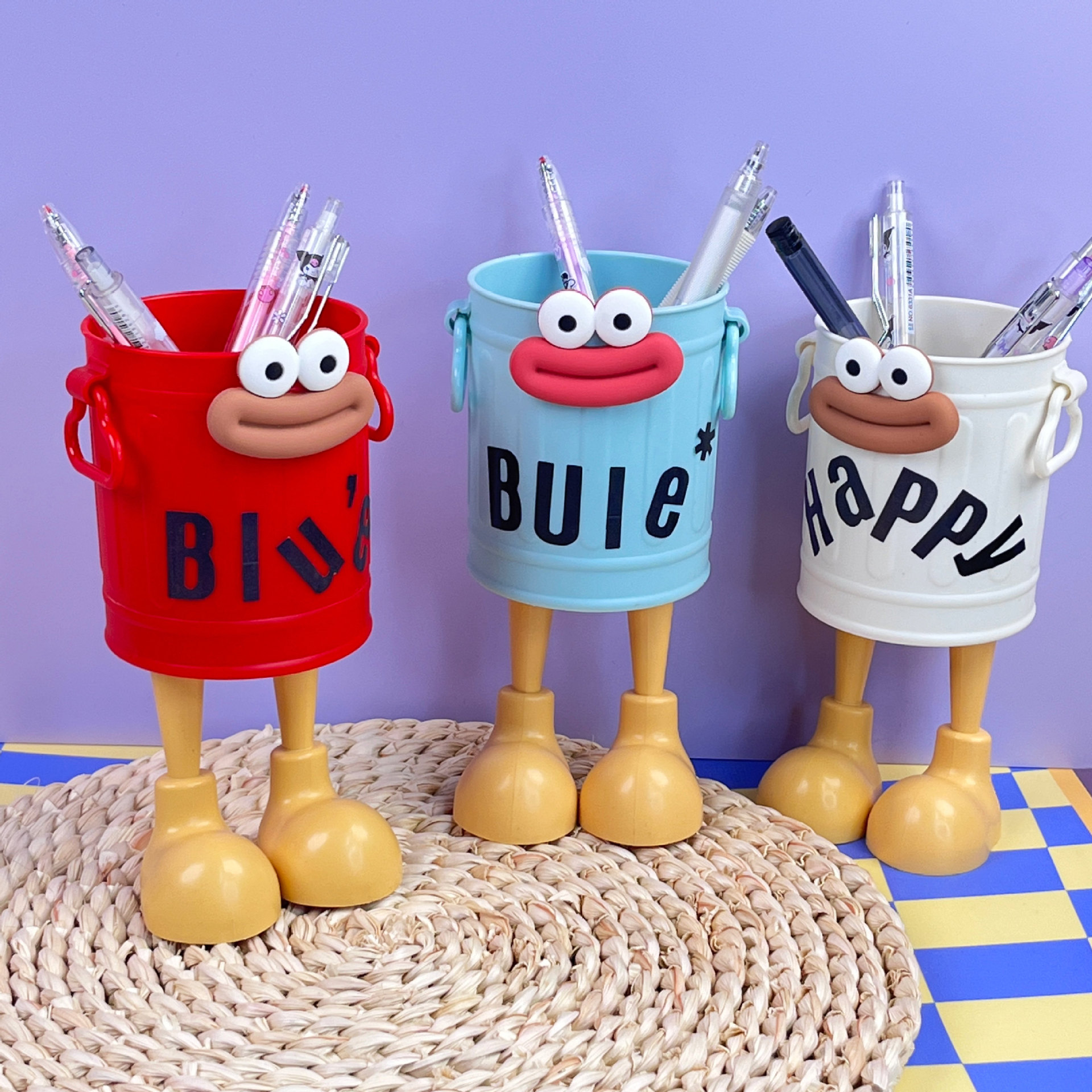 Funny storage small round bucket with handle, retro American style pen holder, makeup brush storage, student stationery, office storage box