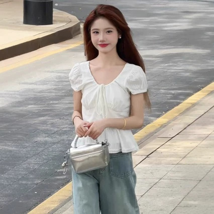 French-Style White Puff-Sleeve Tie-Up Shirt, New Summer Style, Waist-Cinching, Chic and Versatile Short-Sleeved Top for Women