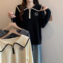 实拍2024年秋冬新款胖mm大码女设计感撞色娃娃领针织衫半拉链毛衣