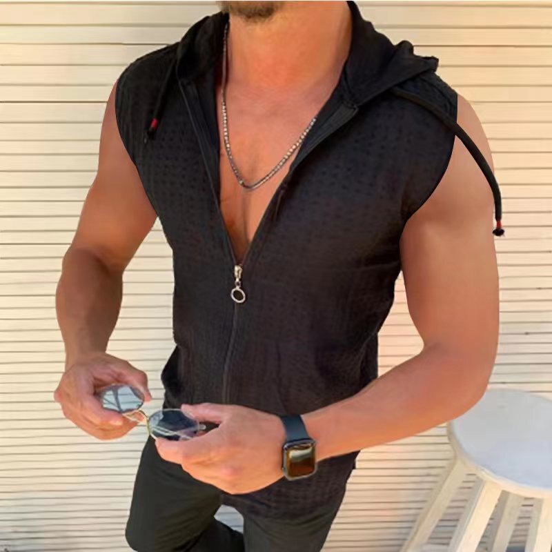 Sleeveless hooded zipper cardigan T-shirt men's 2024 summer cool new fashion plaid sleeveless T-shirt men's lapel