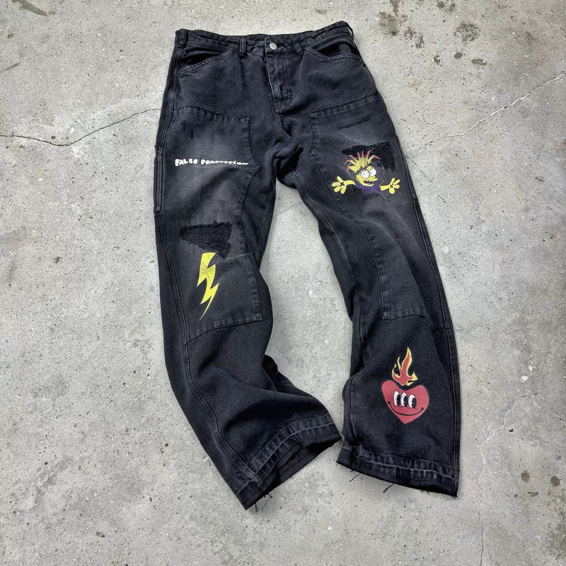 American Carhartt Simpson Cartoon Graffiti Destroyed Distressed Logging Jeans for Men and Women