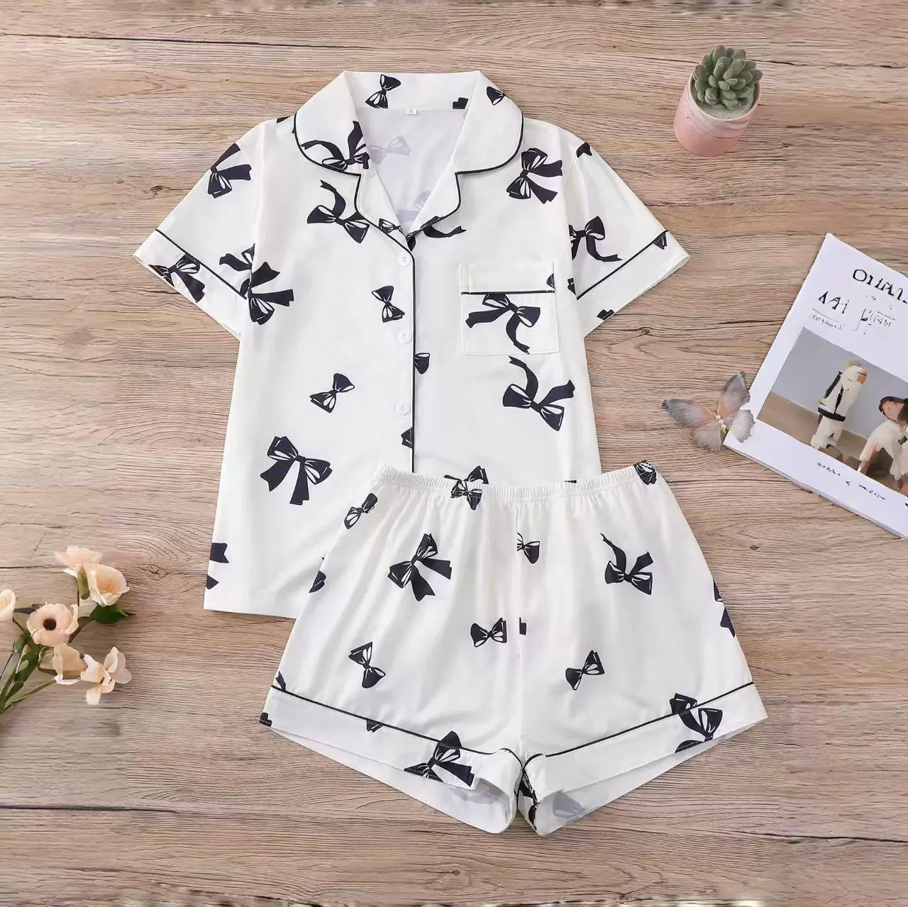 跨境新款休闲女士睡衣套装蝴蝶结印花欧美家居服短袖短裤宽松舒适