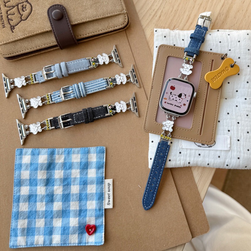 Suitable for Apple Watch 10 S11 Metal Puppy Denim Leather Strap Huawei 11 Fit5Gt6 Xiaomi Wristband