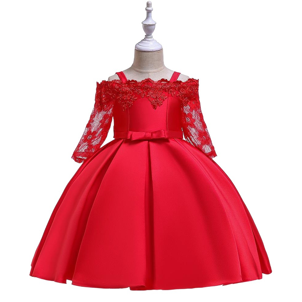 Vestido de princesa de manga larga con encaje hueco y un solo hombro para niñas, novedad transfronteriza 2026
