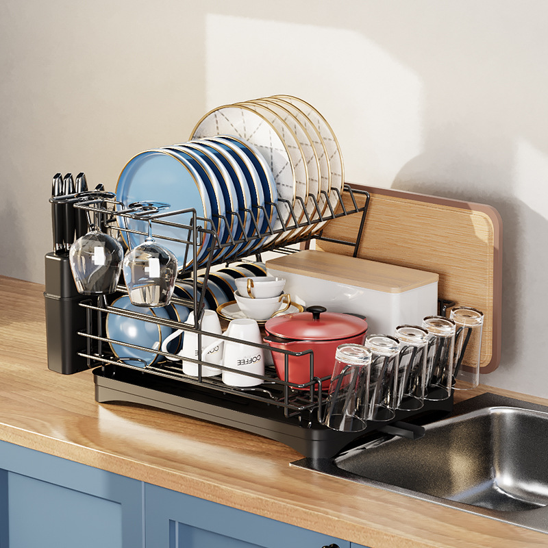 Transfronterizo Amazon Plato de drenaje de doble capa multifuncional vajilla rack de almacenamiento hogar cocina taza de agua rack de almacenamiento