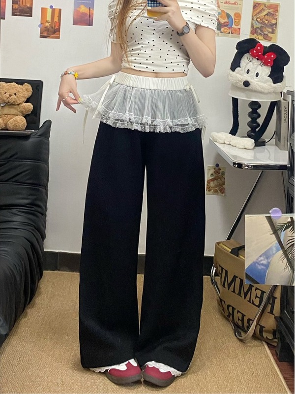 工場直接の甘いレースのスカートフェイクツーピースワイドレッグパンツ女性のための春と夏のルーズストレートカジュアルパンツ|undefined