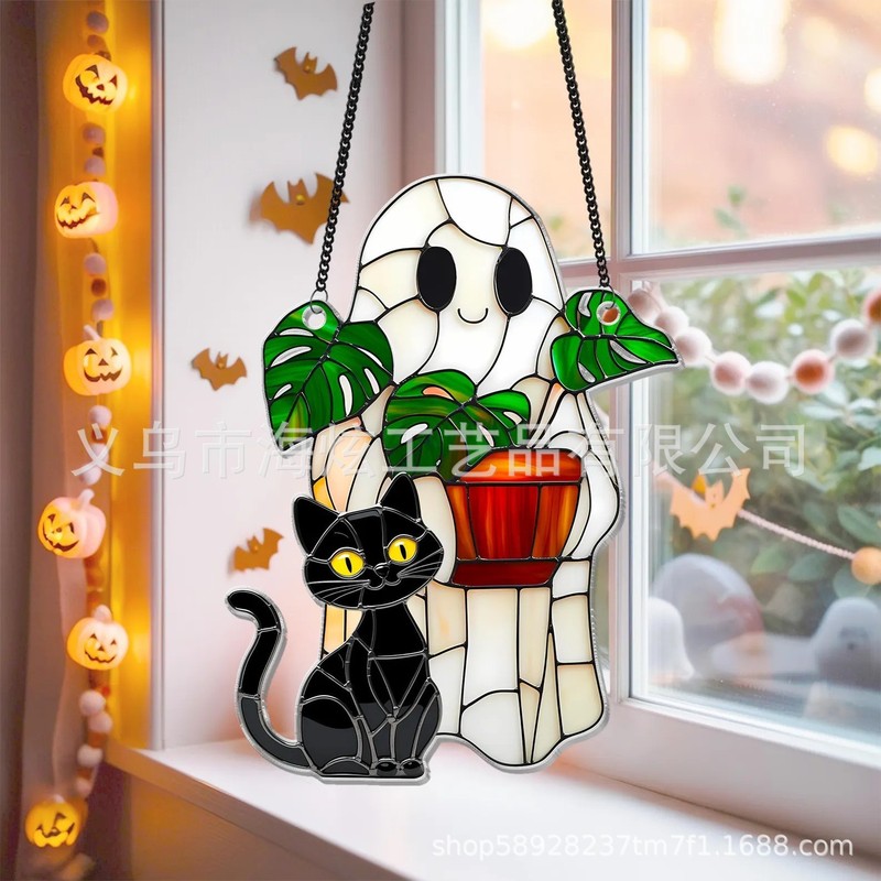 クロスボーダー新黒猫植物ゴーストアクリル窓吊りハロウィン装飾吊り下げ壁ポーチフラット吊り下げ装飾|undefined