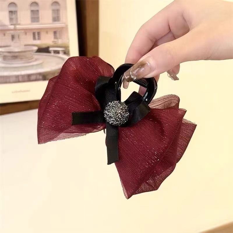 Advanced Satin Satin Big Black Bowknot Clip de tiburón Tocado Diamante cuadrado Horquilla en la parte posterior de la cabeza Clip de agarre Horquilla femenina