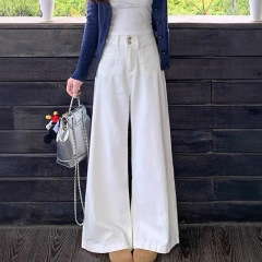 女性用の白い多用途ワイドレッグジーンズ、春夏の新しいトレンディなハイウエスト、ルーズ、スリム、ストレートレッグのフロアレングスパンツ