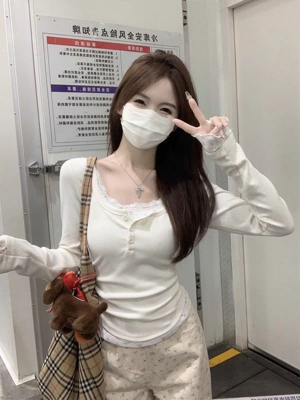 蕾丝花边假两件甜美风长袖t恤女秋季修身款拼接碎花绝美打底上衣|undefined