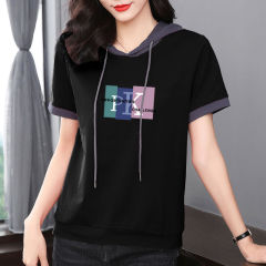 100% 純綿帽子付きtシャツ女性半袖2024年夏の年齢が減って痩せている半袖のゆるい韓国版ガーディアンの女性潮