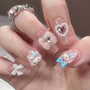24 Pieces of Melody Nail Patches, Heart Bow Nail Patches, Gentle Cartoon Diamond-Encrusted Wearable Nail Patches