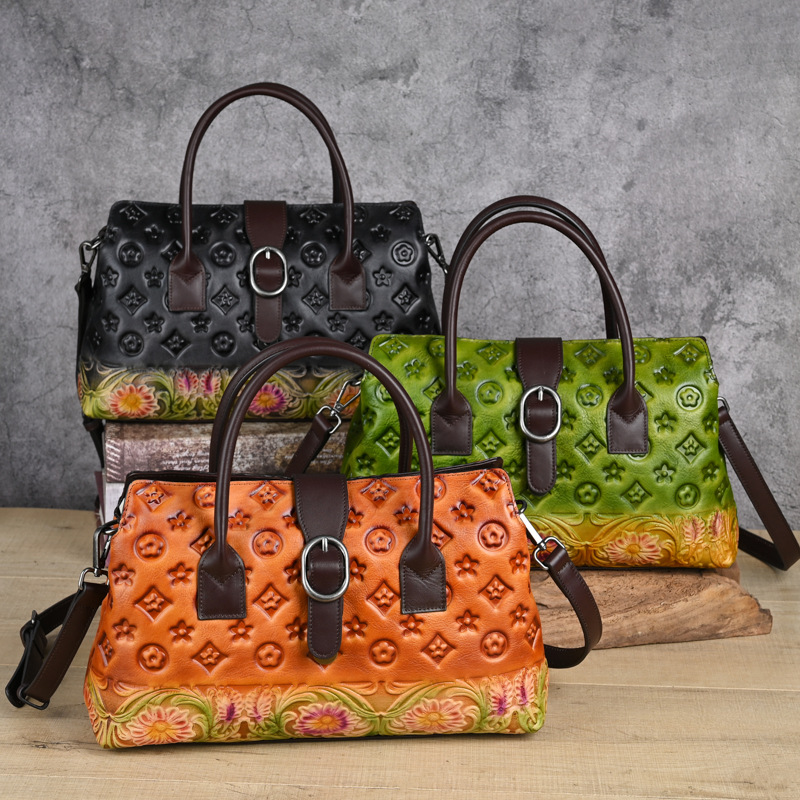 Túi xách nữ da thật dập nổi phong cách Trung Hoa cổ điển 33×10×19 cm — Xanh lá cổ điển