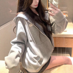 美式复古格纹卫衣连帽外套女2025早秋新款宽松休闲慵懒风开衫上衣