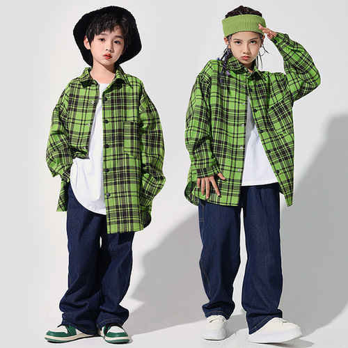 Girls boys green plaid jazz hiphop rapper street jazz dance costumes children girls  tide gogo dancers drummer performance suit children's model show clothing