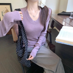 韓国版修身u襟気質ニット女性春長袖基礎モデルフランス低襟正肩底シャツ上着