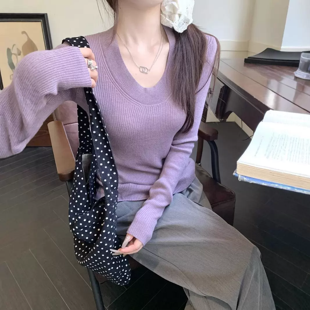 韩版修身u领气质针织衫女春季长袖基础款法式低领正肩打底衫上衣