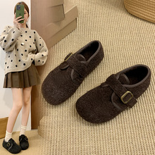 森系加绒乐福鞋女2025年秋冬新款圆头毛呢勃肯鞋保暖棉鞋女豆豆鞋